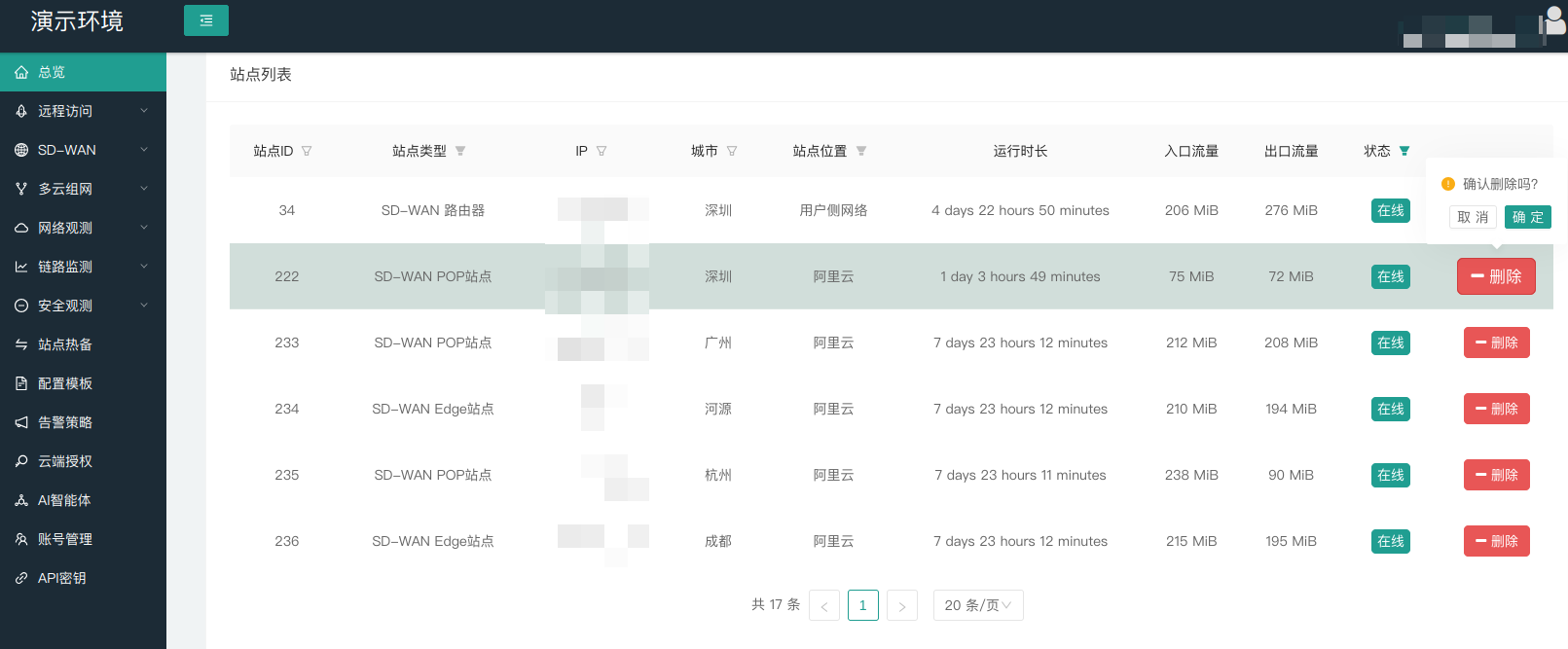 总览页面点击删除按钮